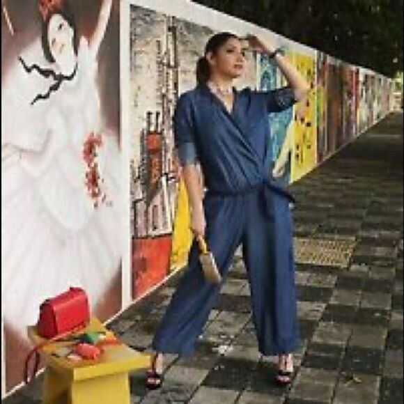 ZARA One Piece Long Sleeve Wide Leg Pants Jumpsuit Chambray Blue S - Picture 2 of 9